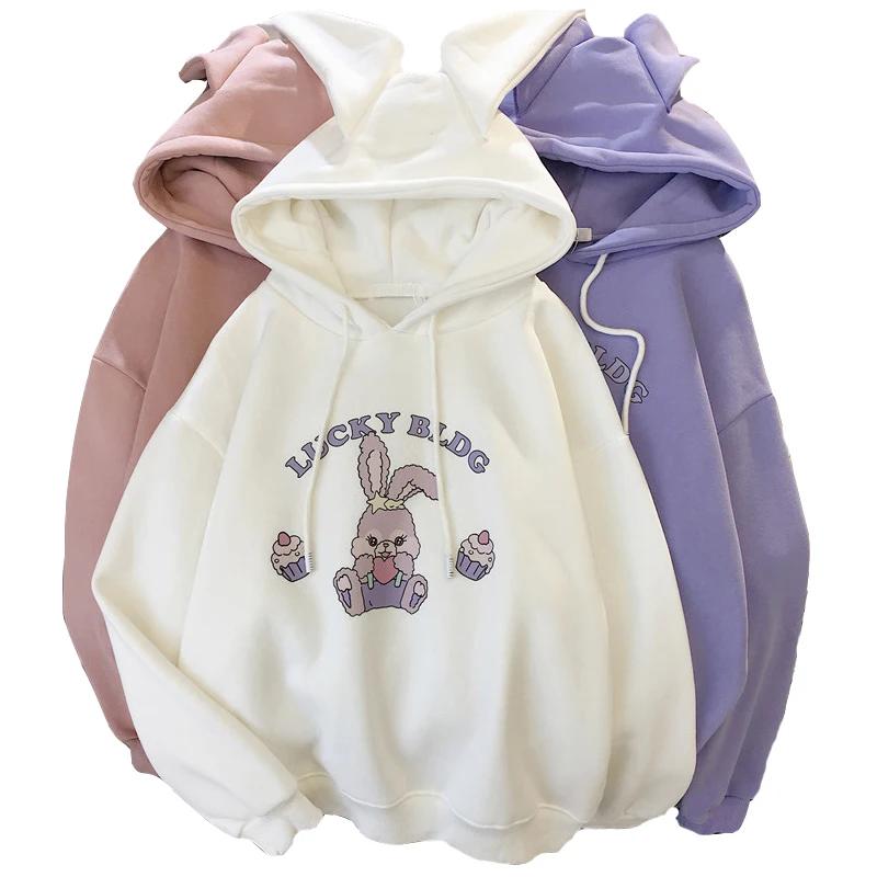 

Zuolunouba New Utumn and winter thick velvet loose hood college casual style cartoon letters long sleeve women's pullover