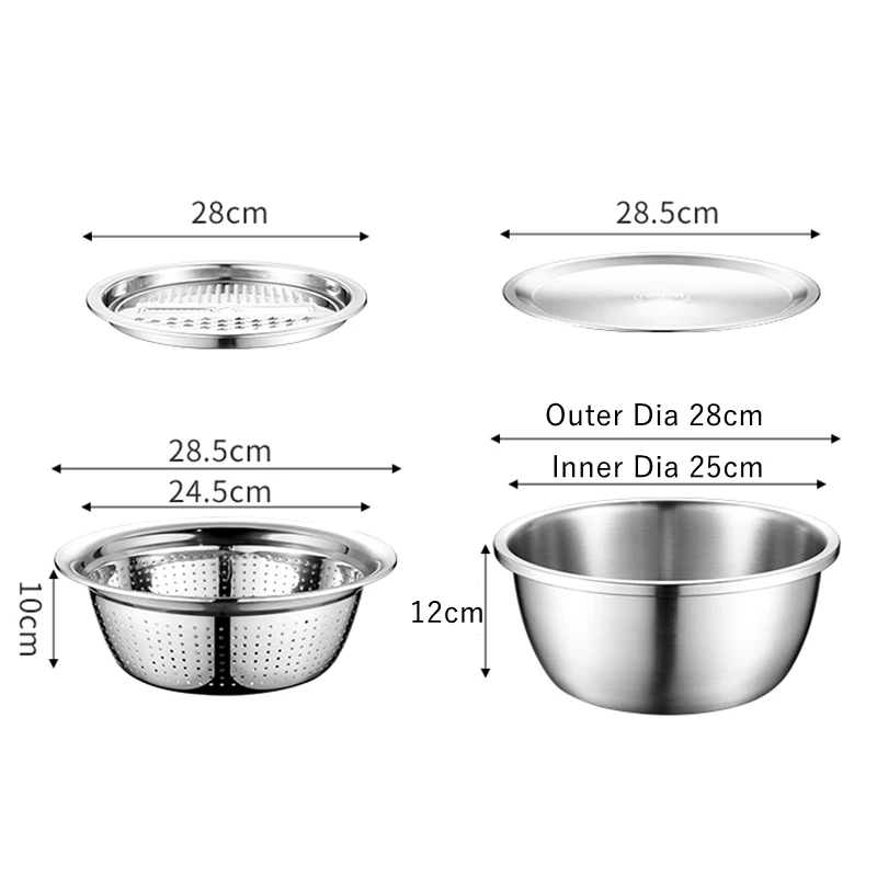 

4PCS Set 304 Stainless Steel Bowl with Lid Kitchen Cooking Salad Mixing Bowls Set Washing Drain Basket Soup Basin Strainer