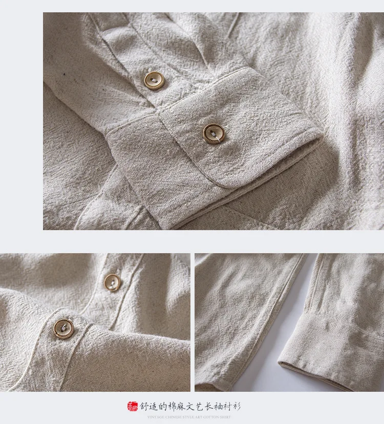 

solid long Men's sleeves shirt with pocket white gray blue khaki japan style casual shirts men spring autumn cotton linen shirts