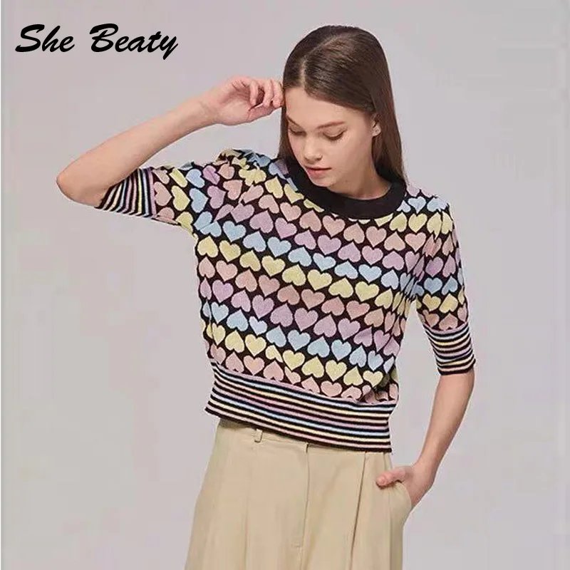 

She Beaty Knitted Sweater Pullovers Women 2021 Autumn Winter O-Neck Vintage Rainbow Love Short Sleeve Korean Style Y2k Tops Ropa