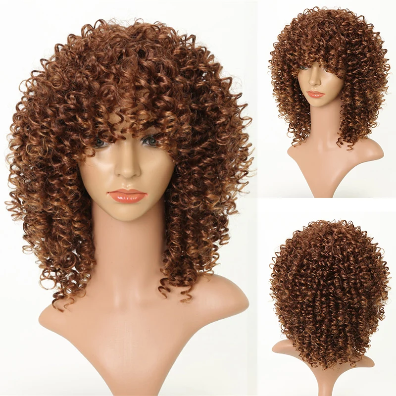 

16 Inch Afro Kinky Curly Wigs with Bangs Ombre Synthetic Long Jerry Curly Wig Natural Heat Resistant Cosplay Bob Wig for African