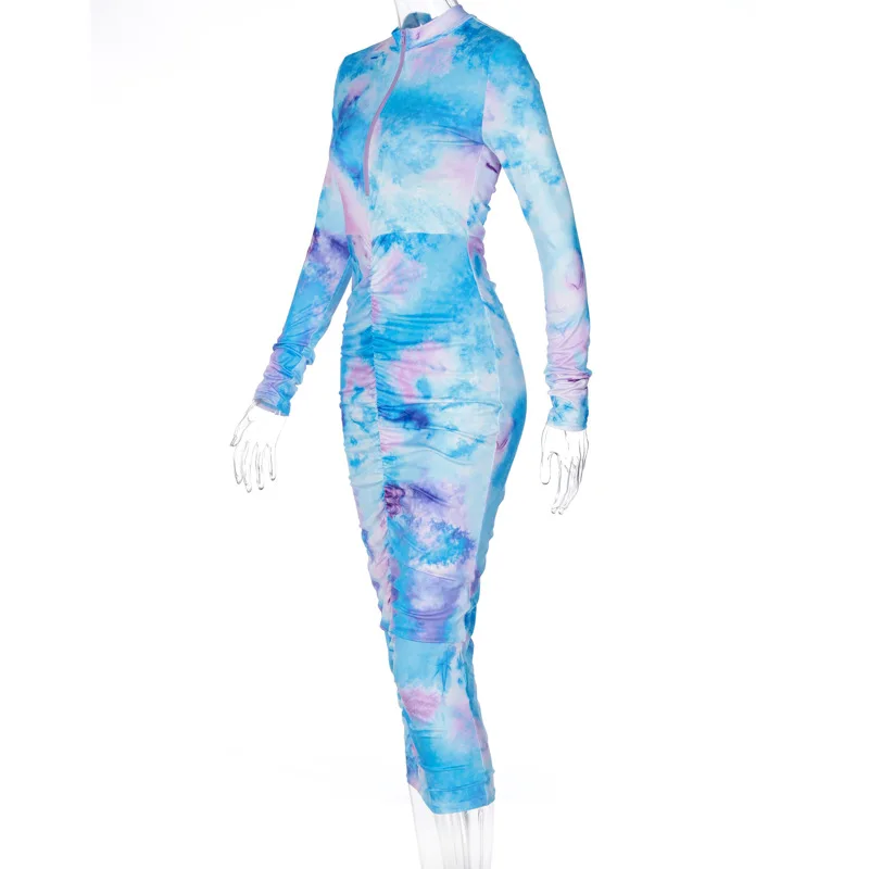 

Tie Dye Bodycon Maxi Dress Women Autumn Long Sleeve Streetwear V Neck Ruched Party Long Package Hip Dresses Clothing