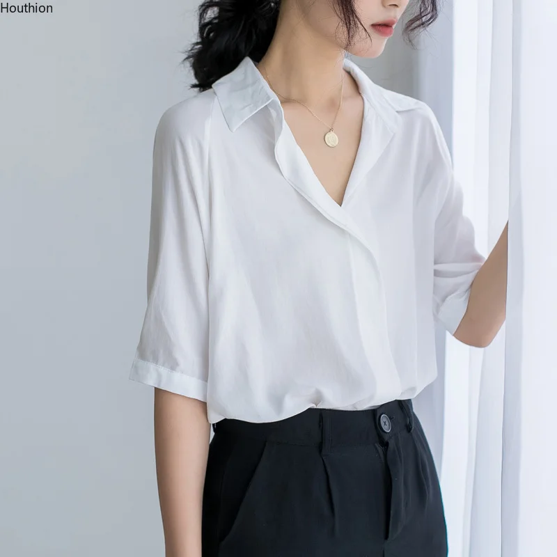 

Houthion Chiffon Slim Women's Blouses Fashion Short Sleeve Top New Casual Blouse Solid Color V-neck Shirt Summer Blusas