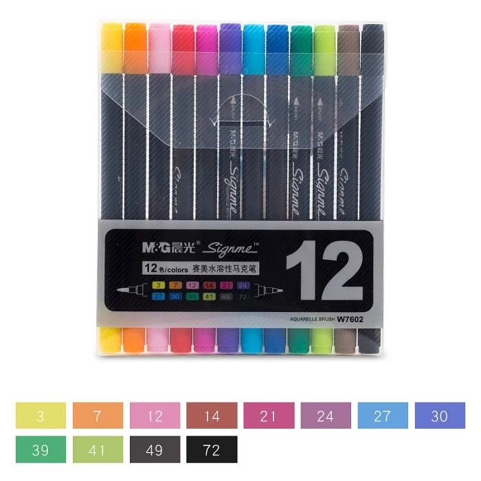 12 Colors Set M& G 12/18/24/36/48 цветов двухконцевые водные цветные художественные маркеры для рисования кисть маркер ручка набор цветной эскиз цветные ручки краски - Цвет: 12 Colors Set