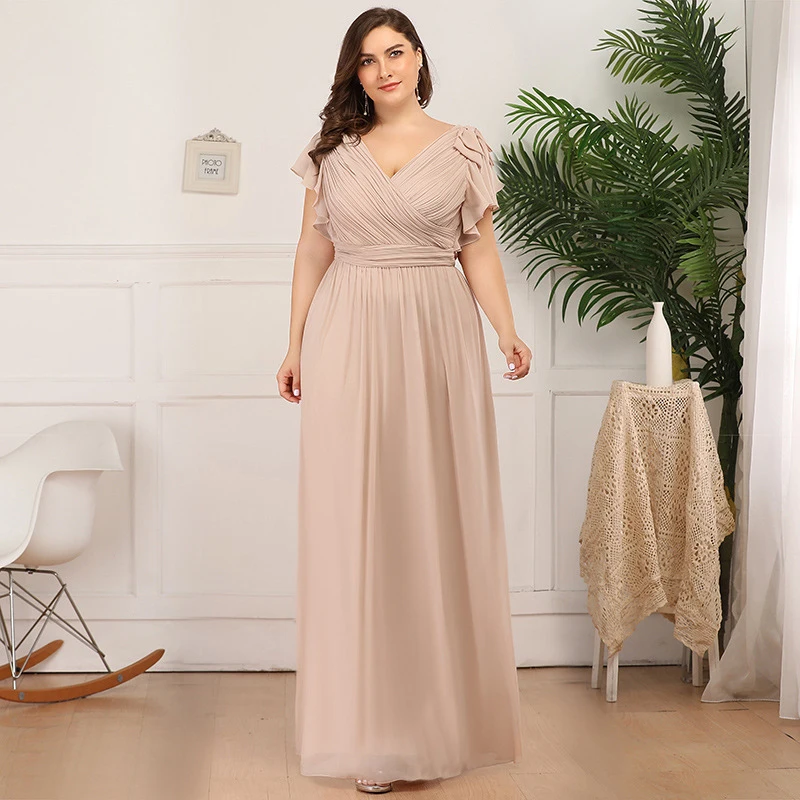 

Simple V-Neck Evening Dress Ruched A-Line Empire Short Sleeves Floor-Length Zipper Back New Plus Size Women Formal Gowns D951