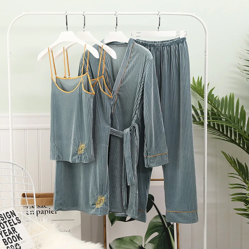 

Warm Velvet Sleepwear Intimate Lingerie Women 4PCS Pajamas Suit Nightwear Green Long Sleeve Autumn Nightgown Home Clothing