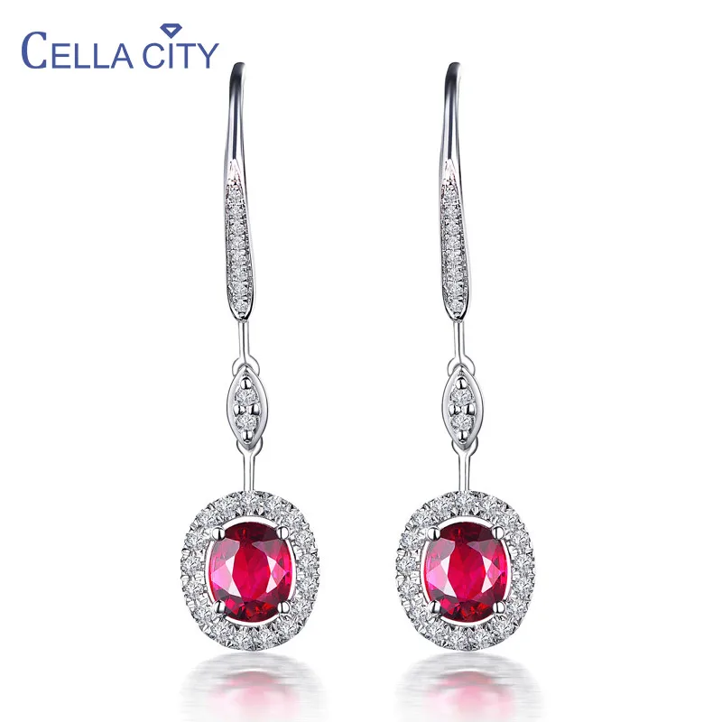 Женские серьги из серебра 925 пробы простые геометрические с овальным рубиновый