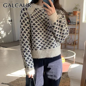 Женские винтажные свитера GALCAUR, свободные Вязаные Короткие пуловеры оверсайз с круглым вырезом и длинным рукавом, зима 2020