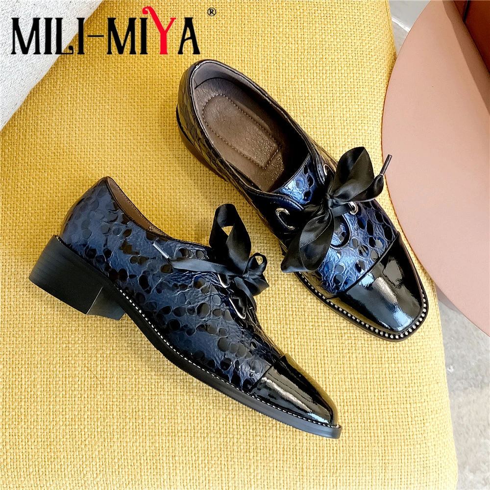 

MILI-MIYA женские туфли из коровьей кожи, удобные туфли с квадратным носком, на шнуровке, с бантиком-бабочкой, Офисная и офисная весенняя обувь
