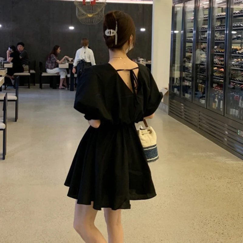 

GALCAUR Mini Solid Puff Short Sleeve Summer Dress V Neck High Waist Fold Pleated Belted Dresses For Women 2021 Fashion Clothing
