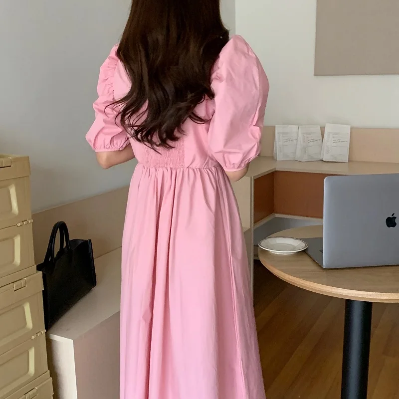 

Korejpaa Women Dress 2021 Summer Korean Chic Elegant Gentle Solid Color Square Neck Pleated Open Back Puff Sleeve Long Dresses