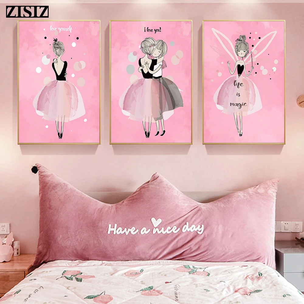 Розовые Мультяшные сказочные Детские парусиновые постеры и принты для девочек