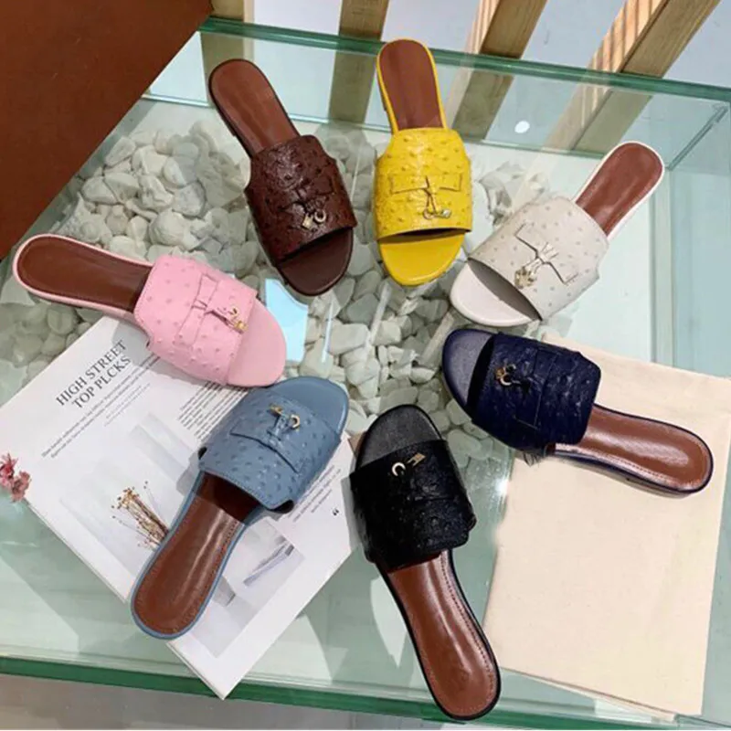 

Women Real Leather Beach Outdoor Slippers Ladies Comfortable Peep Toe Metal Lock Decot Sandals Woman Casual Flip-Flops Footwear