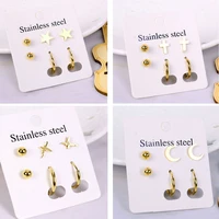3 pairs set stainless steel small cross star moon butterfly dragonfly stud earrings for women girls round piercing earring