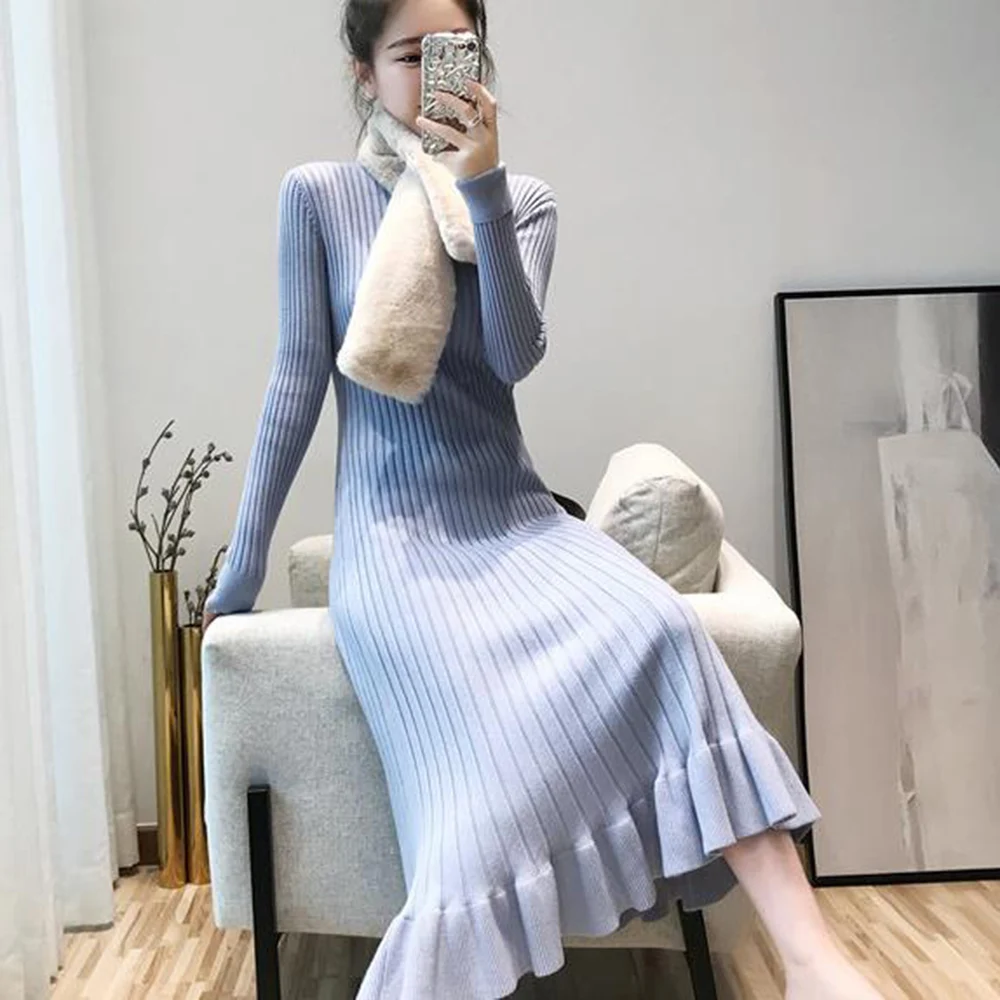Новинка элегантное осенне зимнее толстое платье свитер макси с русалочкой