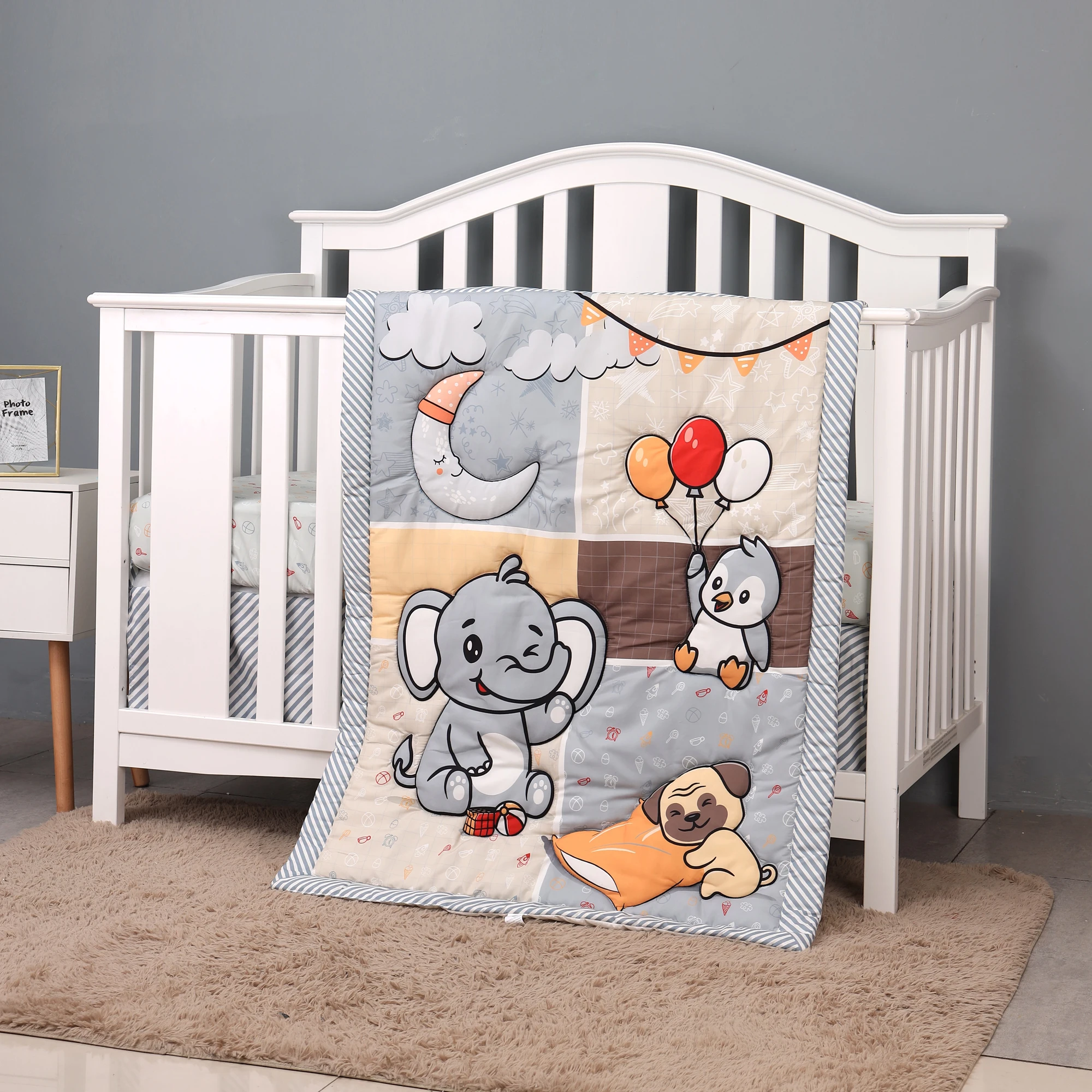 4 pcs cheep jungle new design baby bedding set for boys new born-comforter, crib sheet, crib skirt and pillow case