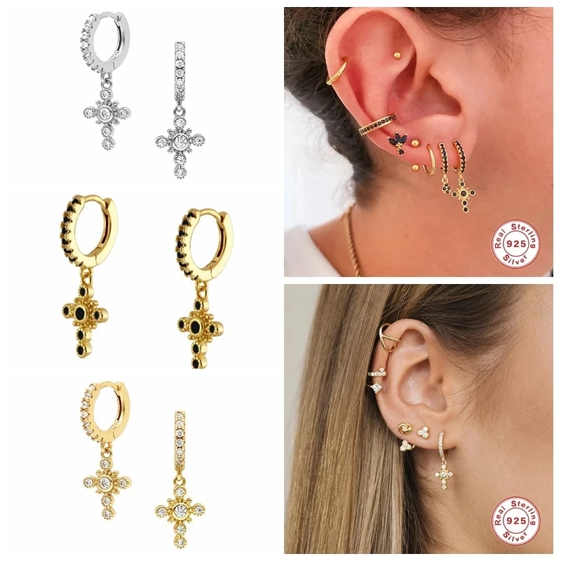 

BOAKO 925 Sterling Silver Dangling Cross Earring Colorful Cubic Zirconia Jeweled Various Cross Pendant Drop Dangle Earrings Gift