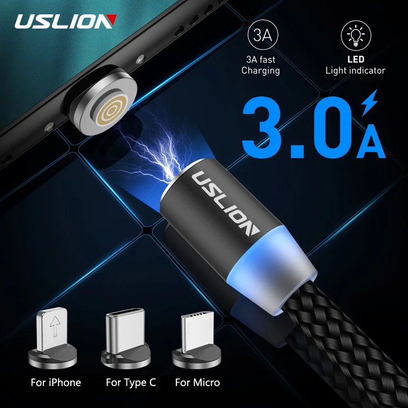 Магнитный USB кабель USLION с разъемом Lightning Micro Type C на выбор длина 1 2 м поддержка