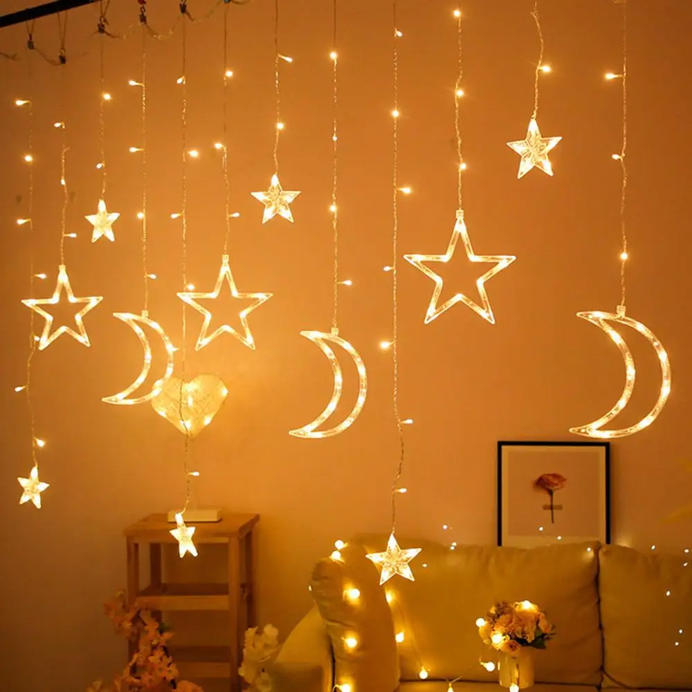 Warm White Star Moon Светодиодный строка светильник s в звездочку и Шторы светильник феи, на свадьбу, день рождения, Рождество, светильник ing внутренней отделки светильник 220V IP44 - Испускаемый цвет: Warm White Star Moon