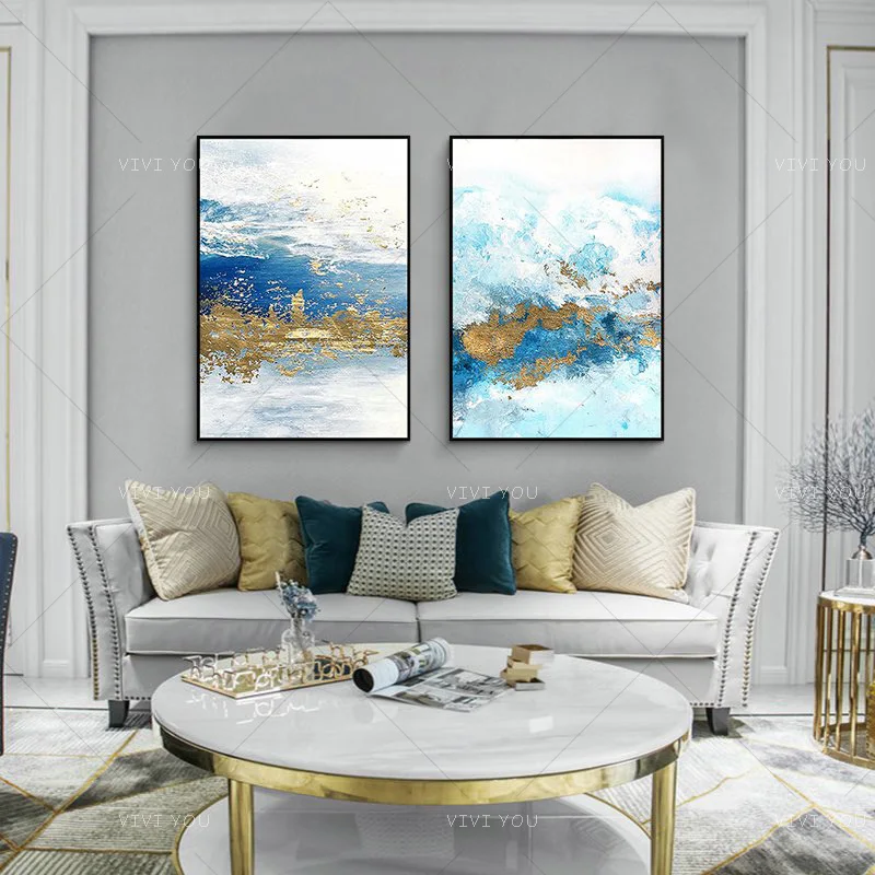 

100％Handmade Oil Painting Simple Modern Abstract Canvas Art Blue Gold Foil Paintings Wall Pictures For Living Room Unframed