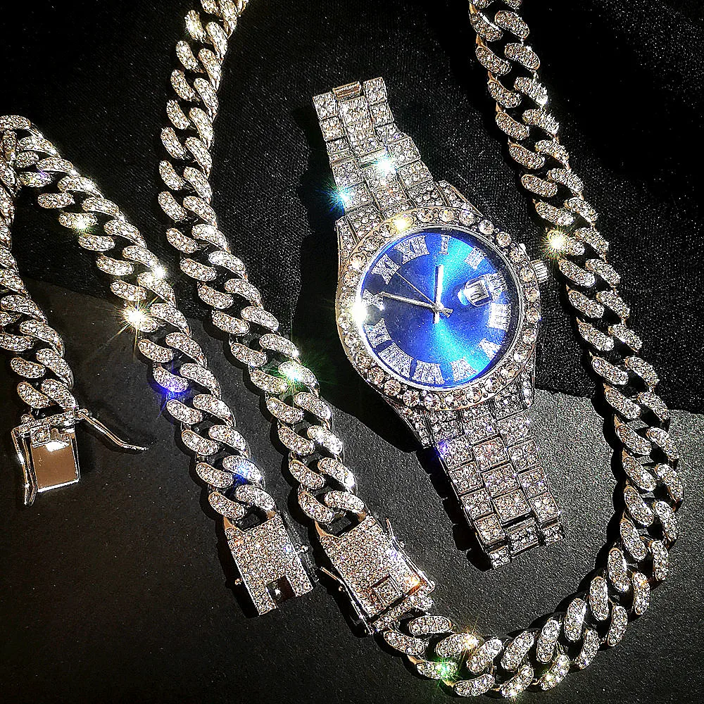 Full Iced Out Watch for Mens iced out Cuban Chain Bracelet Necklace Choker Bling Jewelry for Men Gold Chains Hip Hop Mens Watch full iced out watch mens cuban link chain bracelet necklace choker bling jewelry for men big gold chains hip hop men watch set