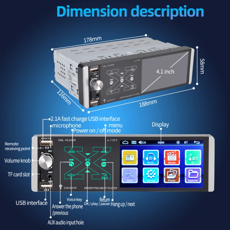 

Car Audio 4.1''Bluetooth 5.0 Siri Mirror Link Touch AI Voice 1 Din Car Radio MP5 Player FM+Steering Wheel Controller Accessories