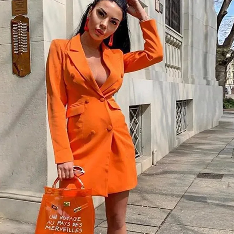 Оранжевый Блейзер миди платье женская одежда повседневная и многорядная пряжка