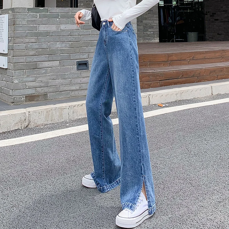 

TongSiHai Women's Jeans Ladies Blue High Waist Straight Denim Pants Girls Side Split Fork Streetwear Vaqueros Mujer Large Size