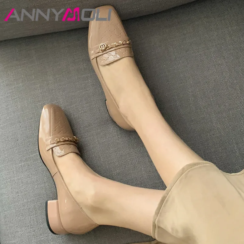 

Туфли-лодочки ANNYMOLI женские, натуральная кожа, квадратный носок, квадратный каблук, квадратный каблук, металлическое украшение, обувь персик...