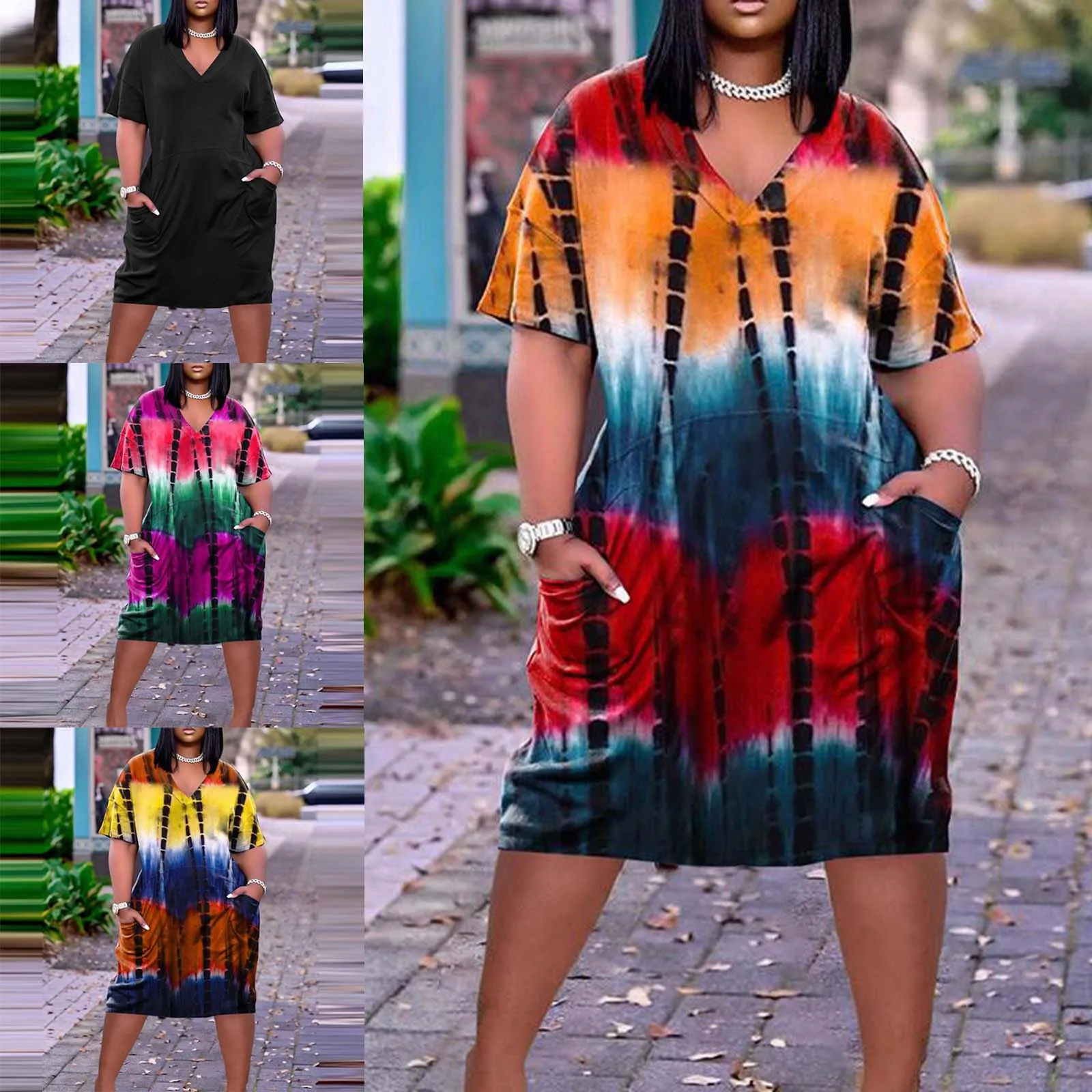 

Женское свободное платье с V-образным вырезом и коротким рукавом