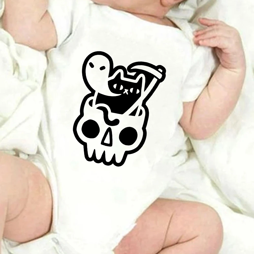 

Summer 2021 Baby Clothes Cute Funny Cat and Grim Reaper Printed Novely Baby Girl Boy Bodysuit 0-24M Infant Soft Onesie Casual