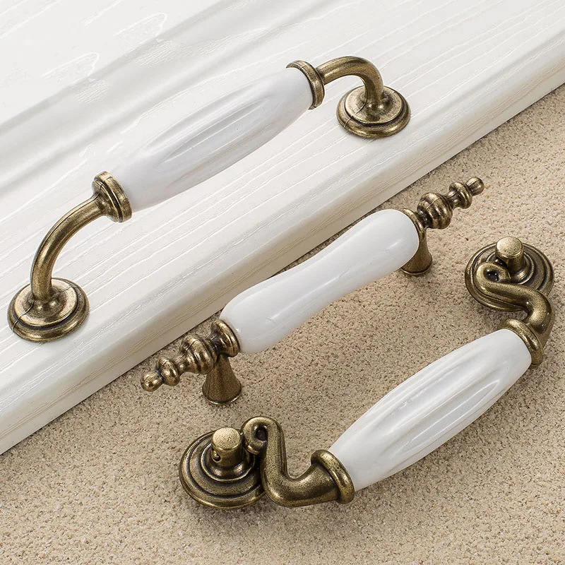 Античные бронзовые белые керамические ручки для шкафов из цинкового сплава