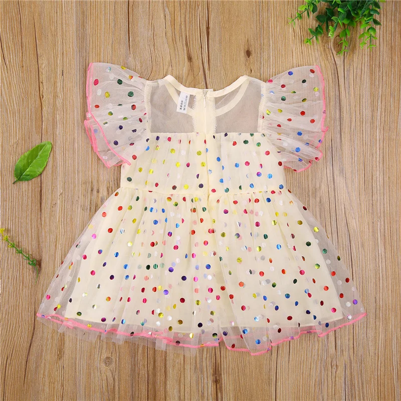 

2021 Baby Girls Short-sleeved Mesh princess Dress with Colorful Polka Dot Pattern Printing, Ruffle Decoration Clothing