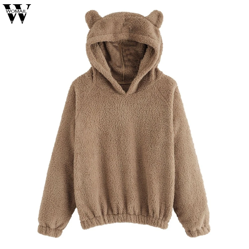 Womail Женская толстовка женская с длинным рукавом флисовая толстовка теплая в форме медведя пушистая Толстовка Пуловер Женская толстовка s-xl