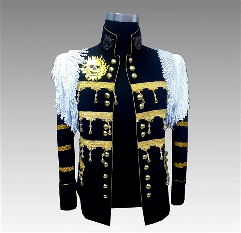 

Personality Stage Costume Fashion Beaded Blazer Men's Tassel Black Jacket Military Uniform for Performance