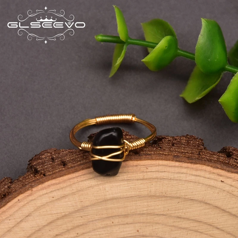 

Glseevo Black Agate Garnet Ladies Brass 18k Gold Plated Ring Fashion High Quality Gemstone Jewelry Wedding Engagement Gift GR028