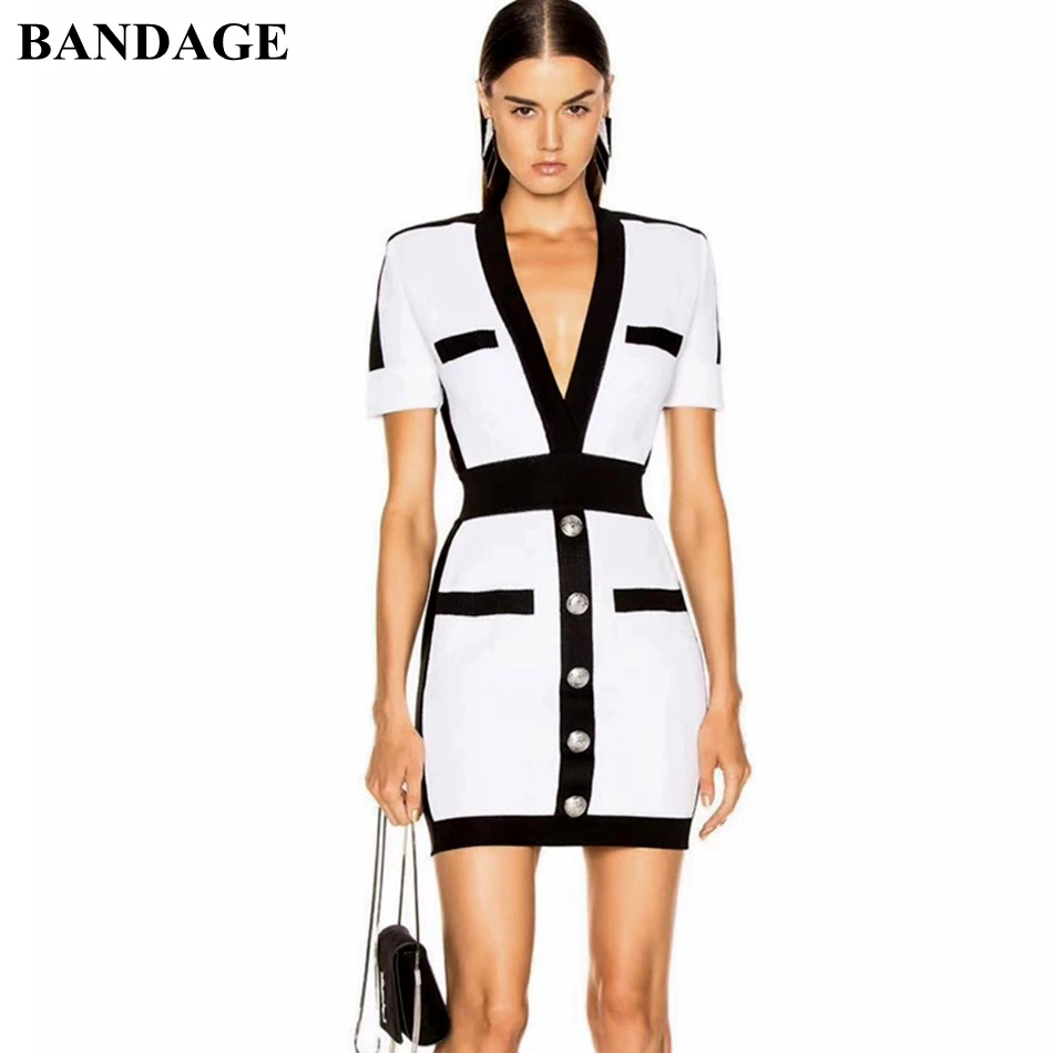 

Повязку Новое Бандажное платье Для женщин Bodycon Vestidos короткий рукав Черный и белый Лоскутная Повседневное женские вечерние коктейльное Клуб...