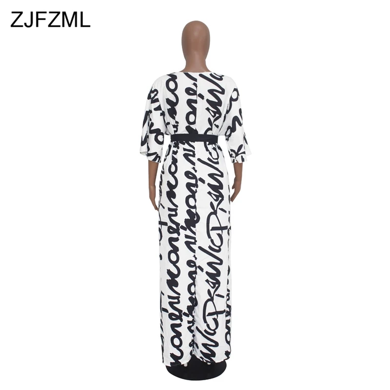 Женское платье макси в пол ZJFZML черно белое с буквенным принтом глубоким v
