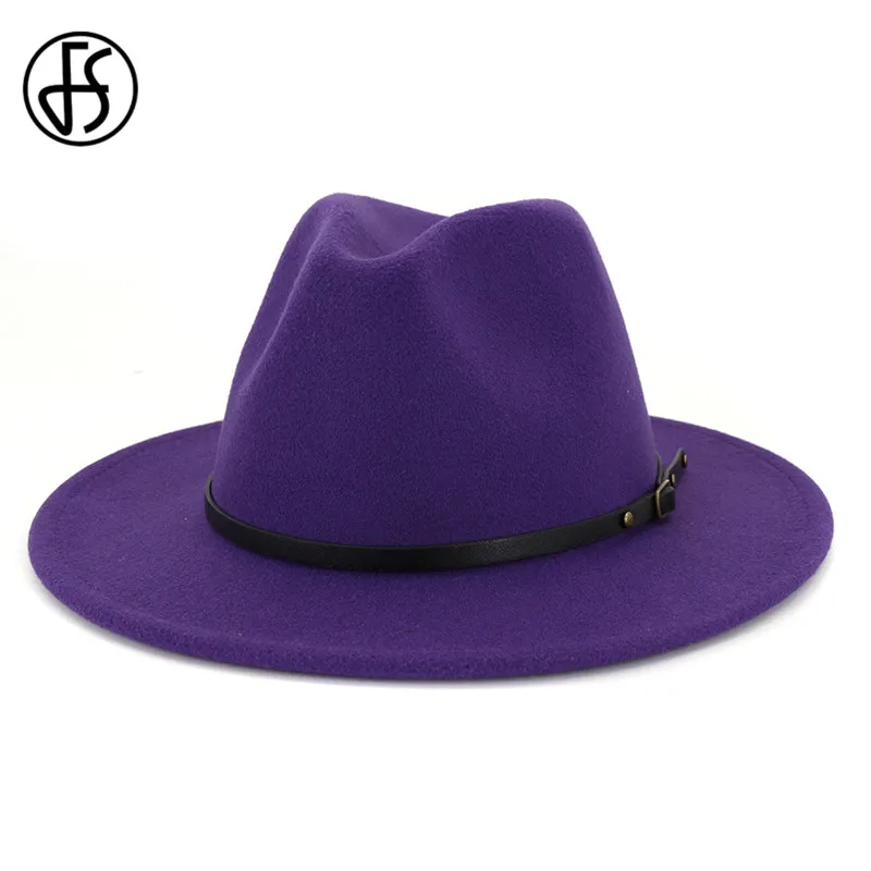 

FS Purple Hats Fedora Jazz Hat Men Women Wool Felt Cloche Fedora Top Cap Bowler Trilby Fedoras Sombrero Mujer Vintage