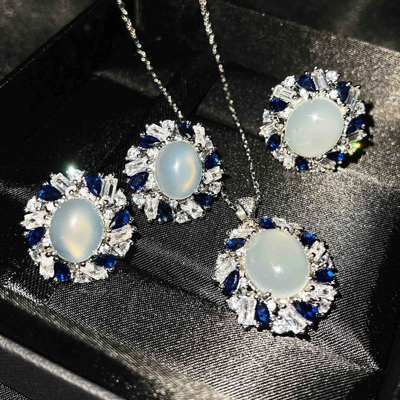 

Exquisite Oval Flower Pendant Necklace Inlay Shiny Cubic Zirconia Luxury Jewelry Set For Women Wedding Party Silver Ring Earring