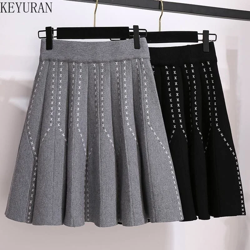 

Женская плиссированная мини-юбка с высокой талией, черная или серая трикотажная короткая трапециевидная юбка с высокой эластичной талией, ...