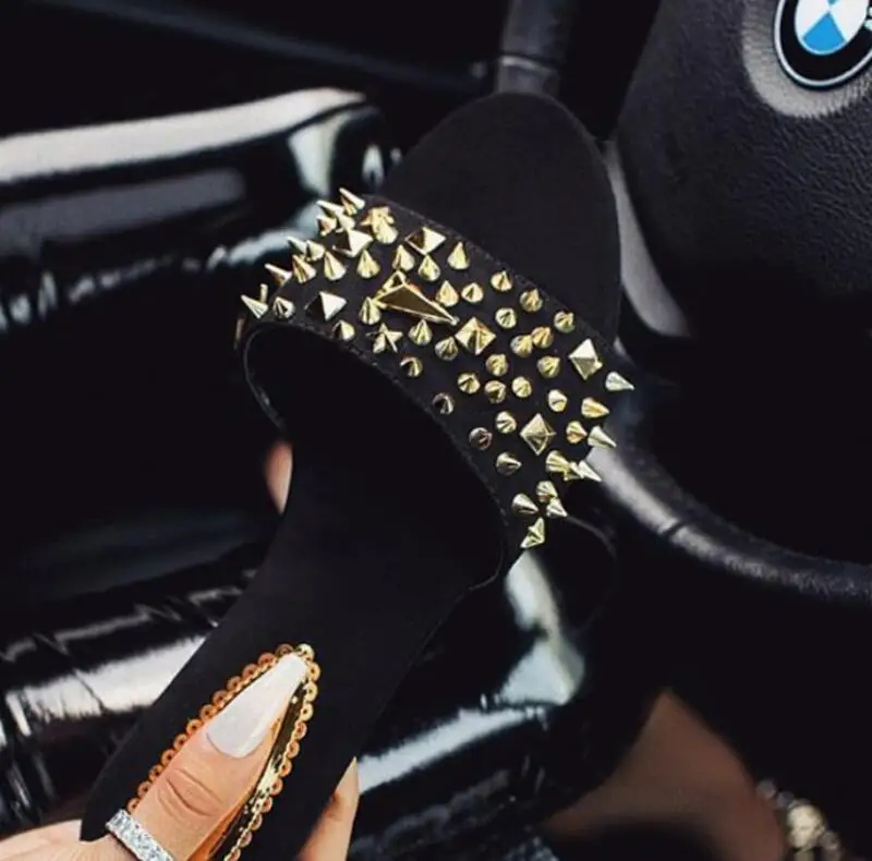 Sandalias de verano para mujer con remaches recortadas damas sandalias forma plana vaciones al aire libre diaposi|Тапочки| |