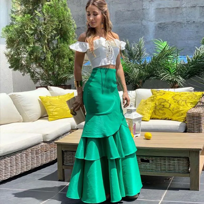 

Modern Green Mermaid Satin Skirts Women To Party High Waist Long Skirt Zipper Female Skirt Causal