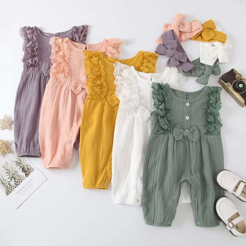 

Summer Baby Girl Lace Rompers Newborn Girls Clothes Toddler Sleeveless Solid Design Jumpsuit With Headband One-Pieces