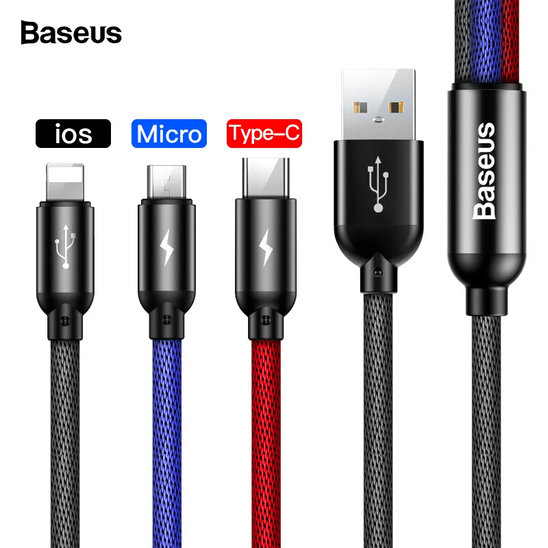 Baseus 3 в 1 USB кабель для iPhone samsung Xiaomi мульти Быстрая зарядка зарядное устройство usb type C type-c Micro USB кабель для мобильного телефона