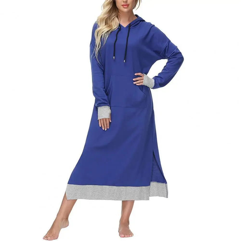 

Women Hooded Dress Drawstring Contrast Color Patchwork Autumn Large Pocket Side Split Dress for Daily Wear Women's Clothing