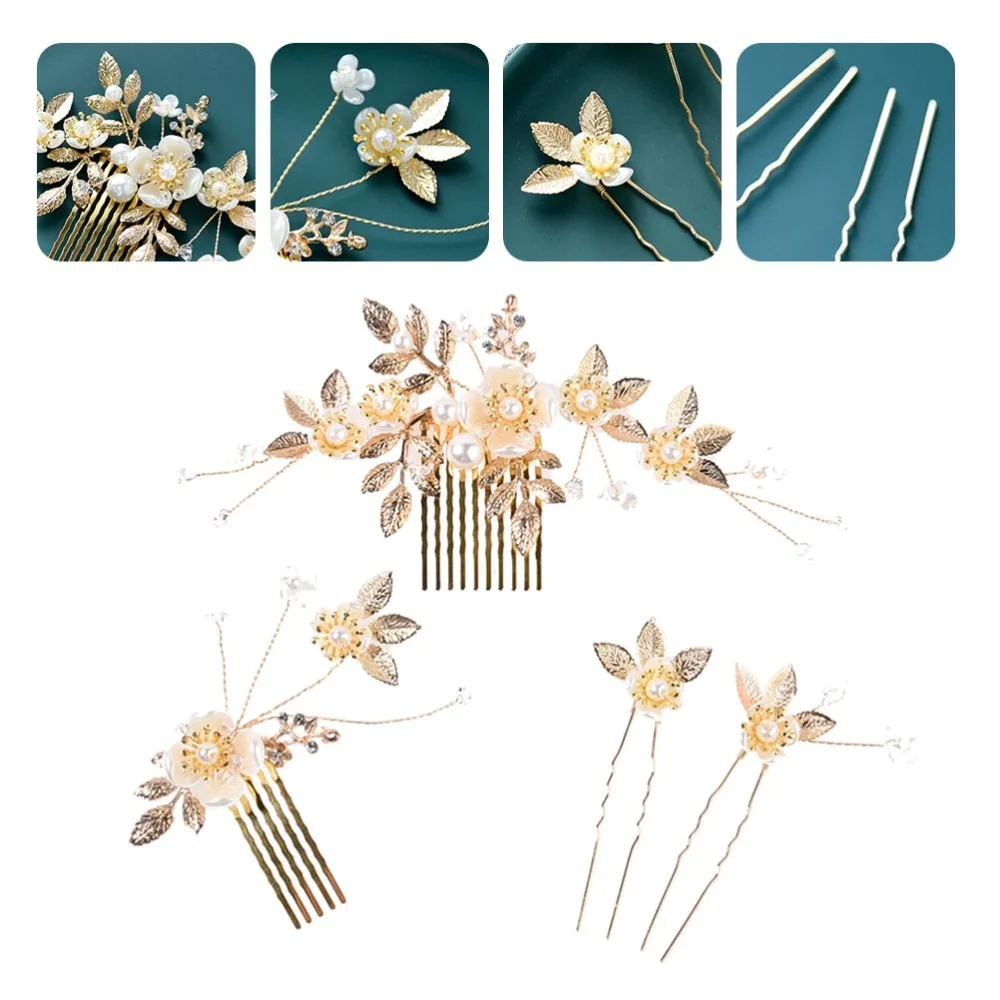 

4pcs/Set Gold Alloy with Pearl Hair Comb Jewelry Set for Wedding Bride
