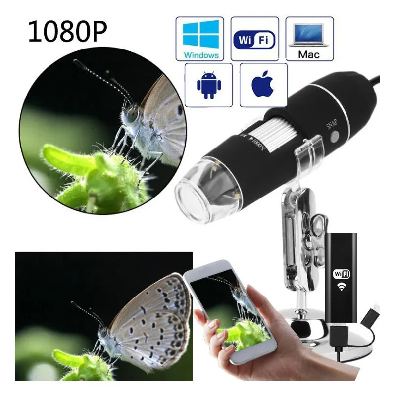 Цифровой микроскоп 1080P 1000X Wi Fi для Iphone Android 8 светодиодный цифровой 3 в 1 USB эндоскоп