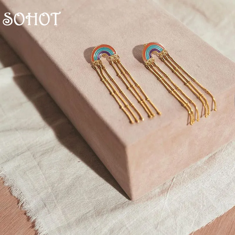 SOHOT новинка богемные длинные серьги с кисточками эмаль радуга женские капли