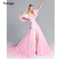 verngo modern baby pink tulle prom dresses mermaid off shoulder sweetheart pleats slit long evening gowns pretty pageant dress